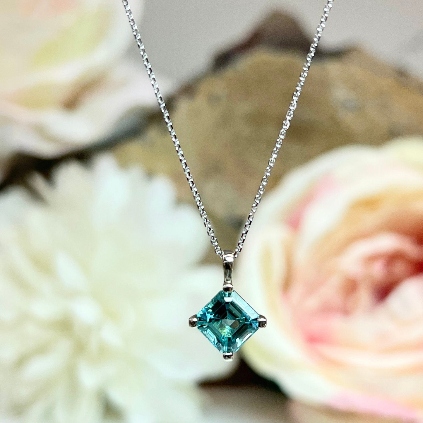 Asscher Cut Ladies Necklace / Neon Blue Paraiba Pendant With Chain / Floating Pendant 14k White Gold