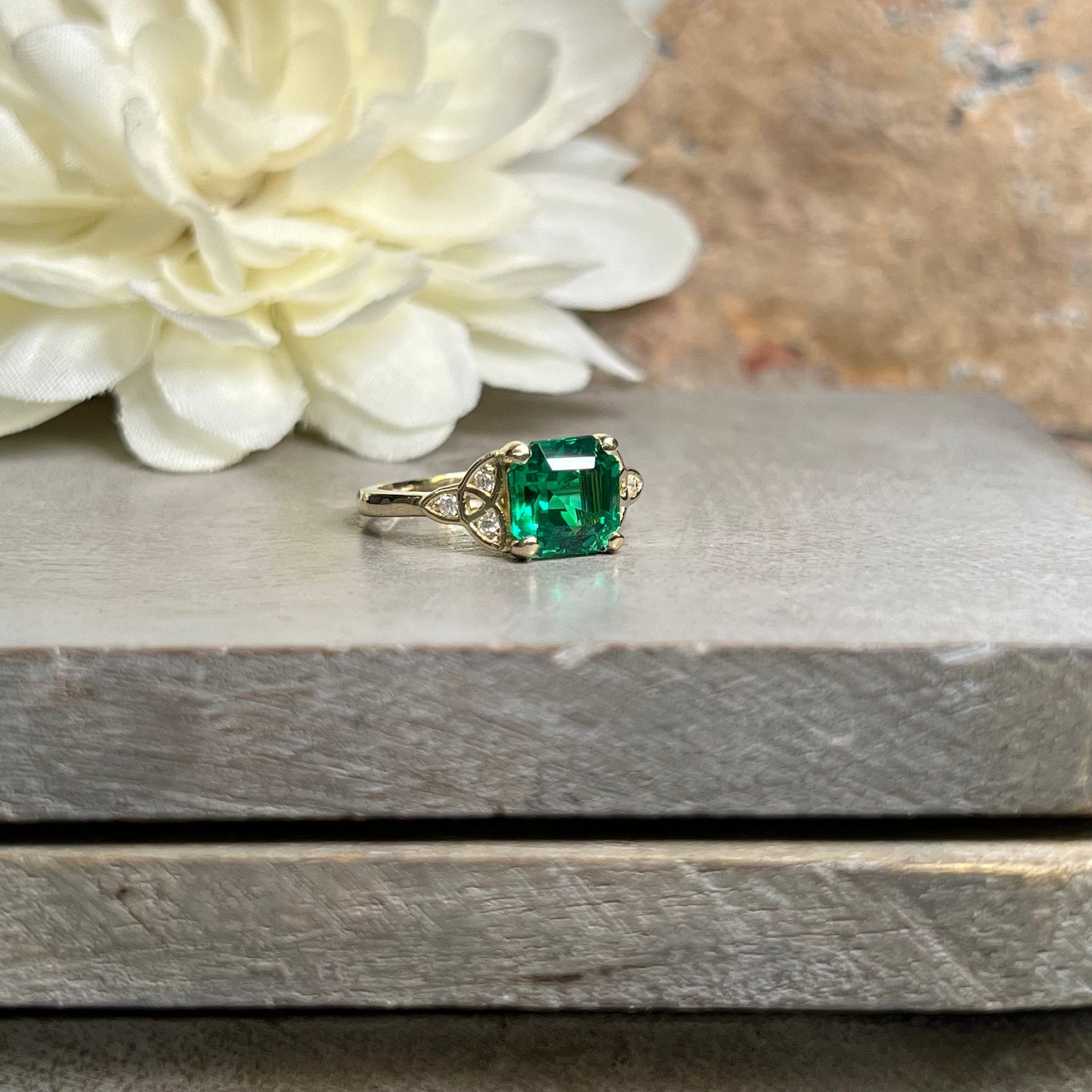 Asscher Cut Emerald Engagement Ring 14K Yellow Gold Green Emerald  Celtic Engagement Rings Moissanite Celtic Gold Wedding Promise Ring