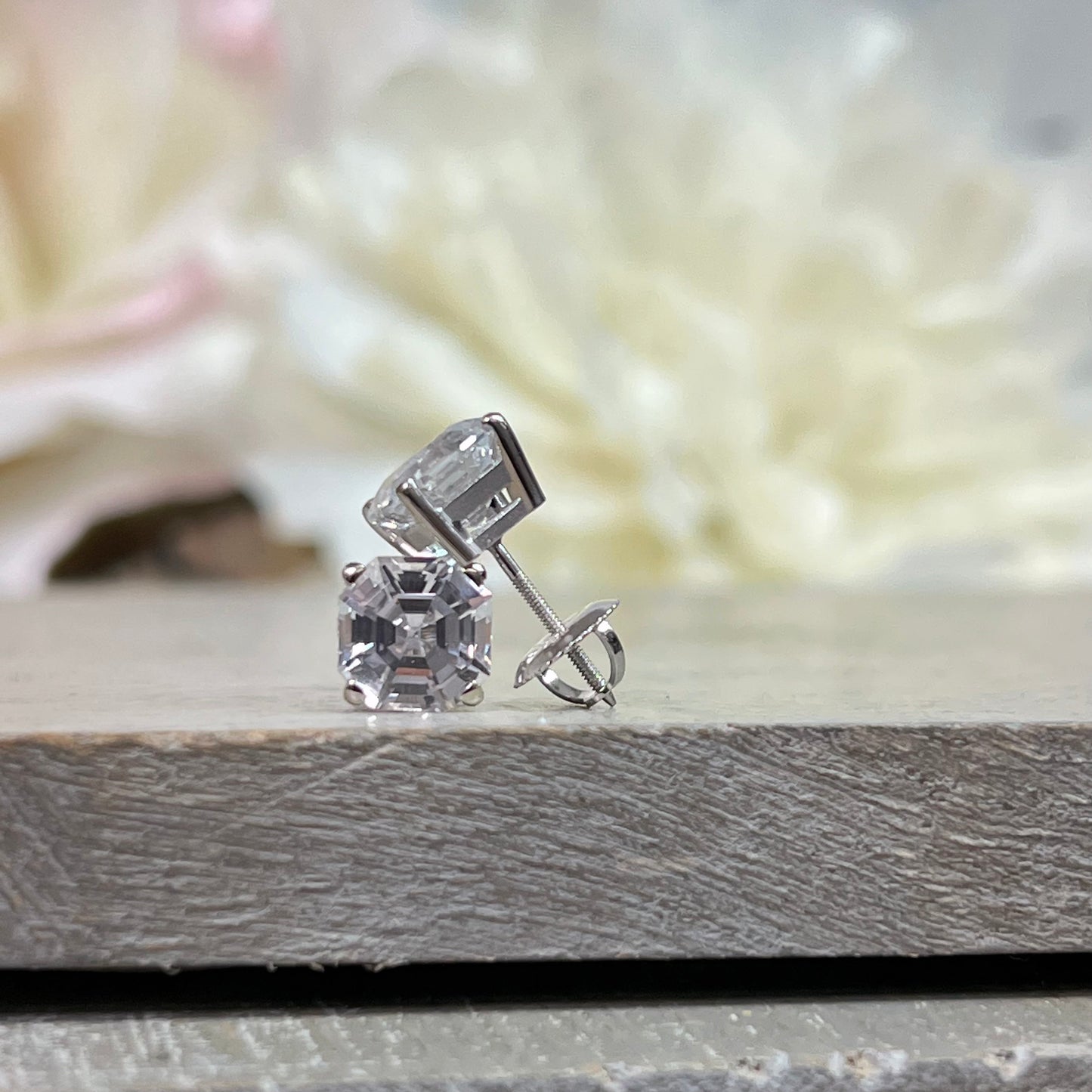 Asscher Cut Stud Earrings / Diamond Ladies Earrings / Everyday Earrings / Gift Ideas For Her / Anniversary Gift / 14k White Gold