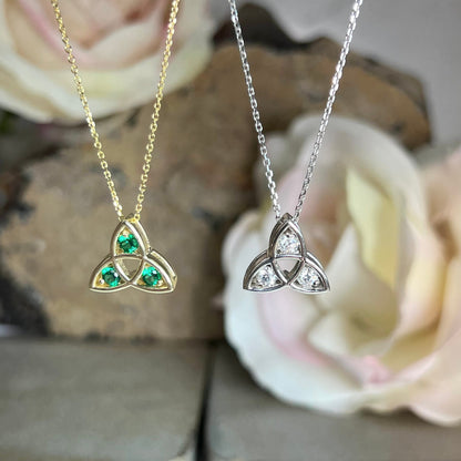 Celtic Necklace Three Stone Emerald  Pendant 14K Yellow Gold Celtic Trinity Pendant Necklace Triangle Necklace Dainty Layering Necklace