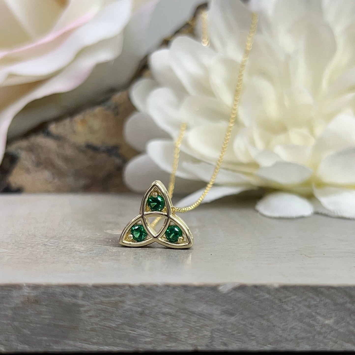 Celtic Necklace Three Stone Emerald  Pendant 14K Yellow Gold Celtic Trinity Pendant Necklace Triangle Necklace Dainty Layering Necklace