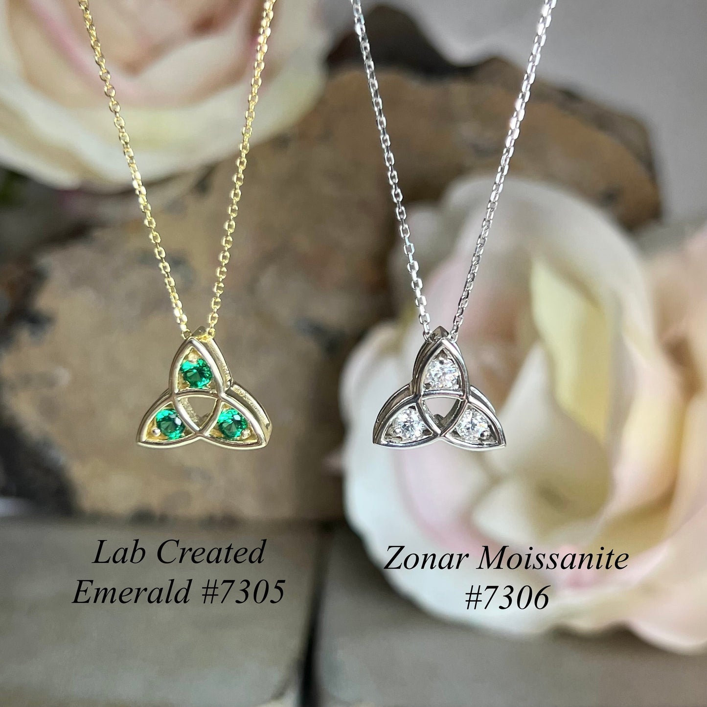 Celtic Necklace Three Stone Moissanite Pendant  14K White Gold  Celtic Trinity Pendant Necklace  Triangle Necklace  Layering Necklace