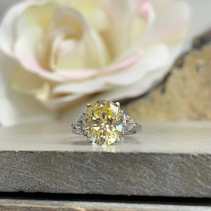 Yellow oval engagement ring with trillions, 14k white gold #5825