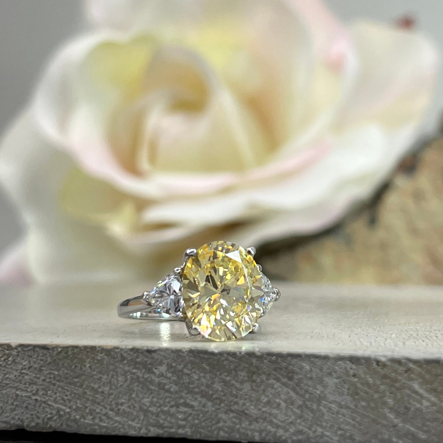 Yellow oval engagement ring with trillions, 14k white gold #5825