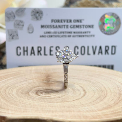 Pear shaped moissanite engagement ring 14K gold, Pear shaped solitaire with baguette moissanite accents, Three stone Pear shaped ring, #6510