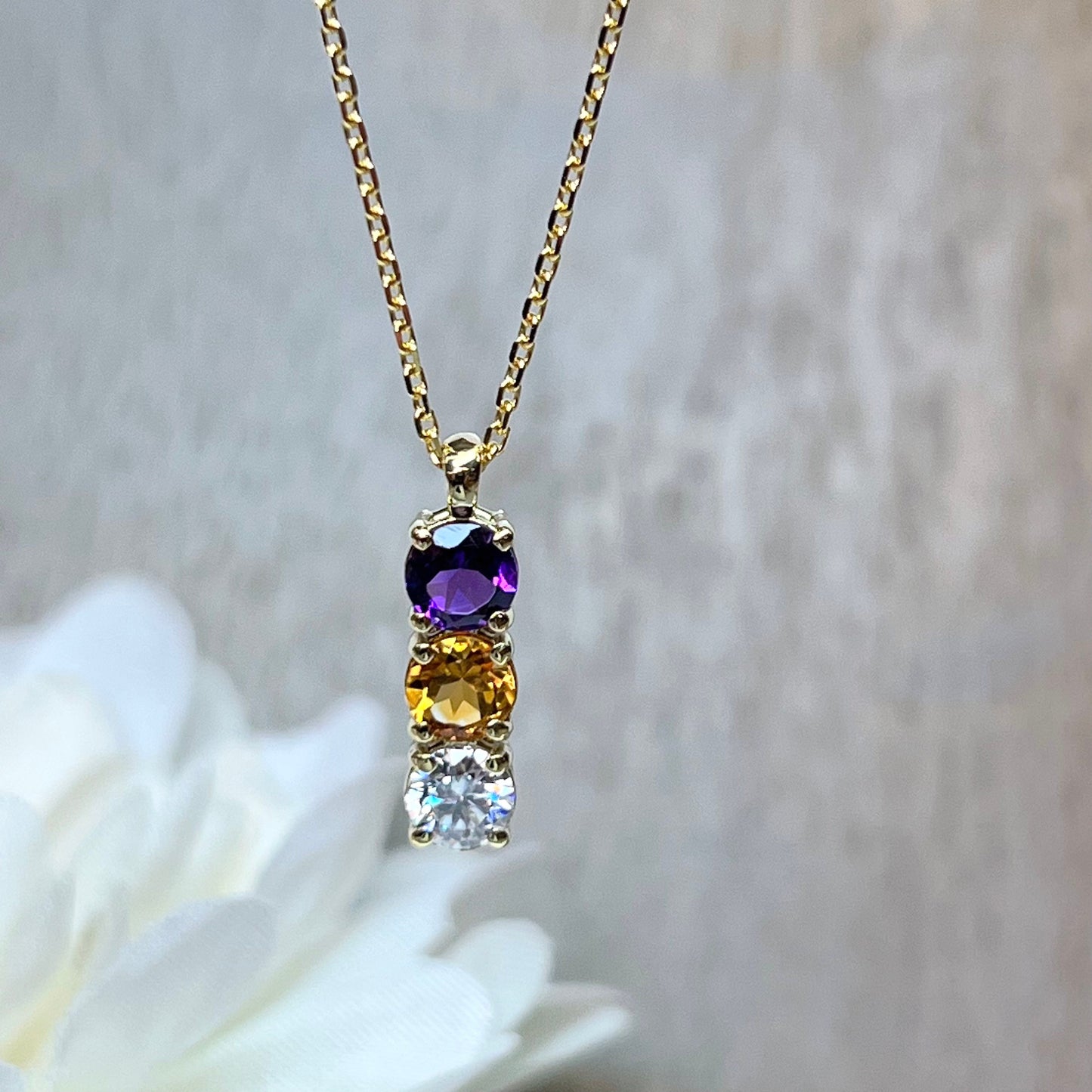 Mama Necklace Three Stone Birthstone Pendant Necklace, 14K Yellow Gold Birthstone Necklace for Mom, Bar Necklace Multi Stone Pendant   #7119