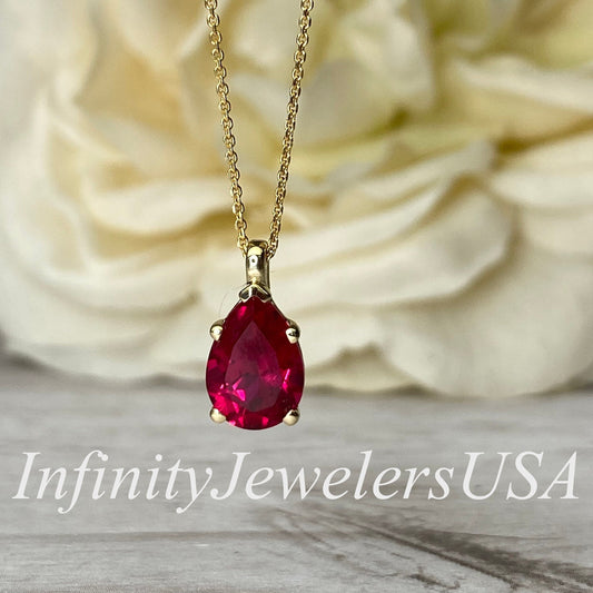 Ruby Pendant Necklace Pear Shape 14K Yellow Gold, Gold Teardrop Shape Simple Solitaire Necklace,  Ruby Pear Shape Pendant Bride Gift   #7019