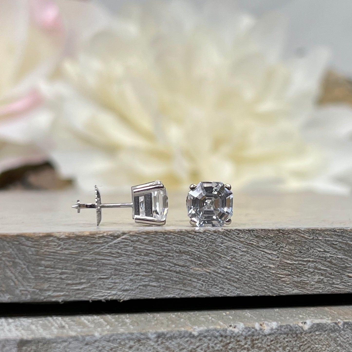 Asscher Cut Stud Earrings / Diamond Ladies Earrings / Everyday Earrings / Gift Ideas For Her / Anniversary Gift / 14k White Gold