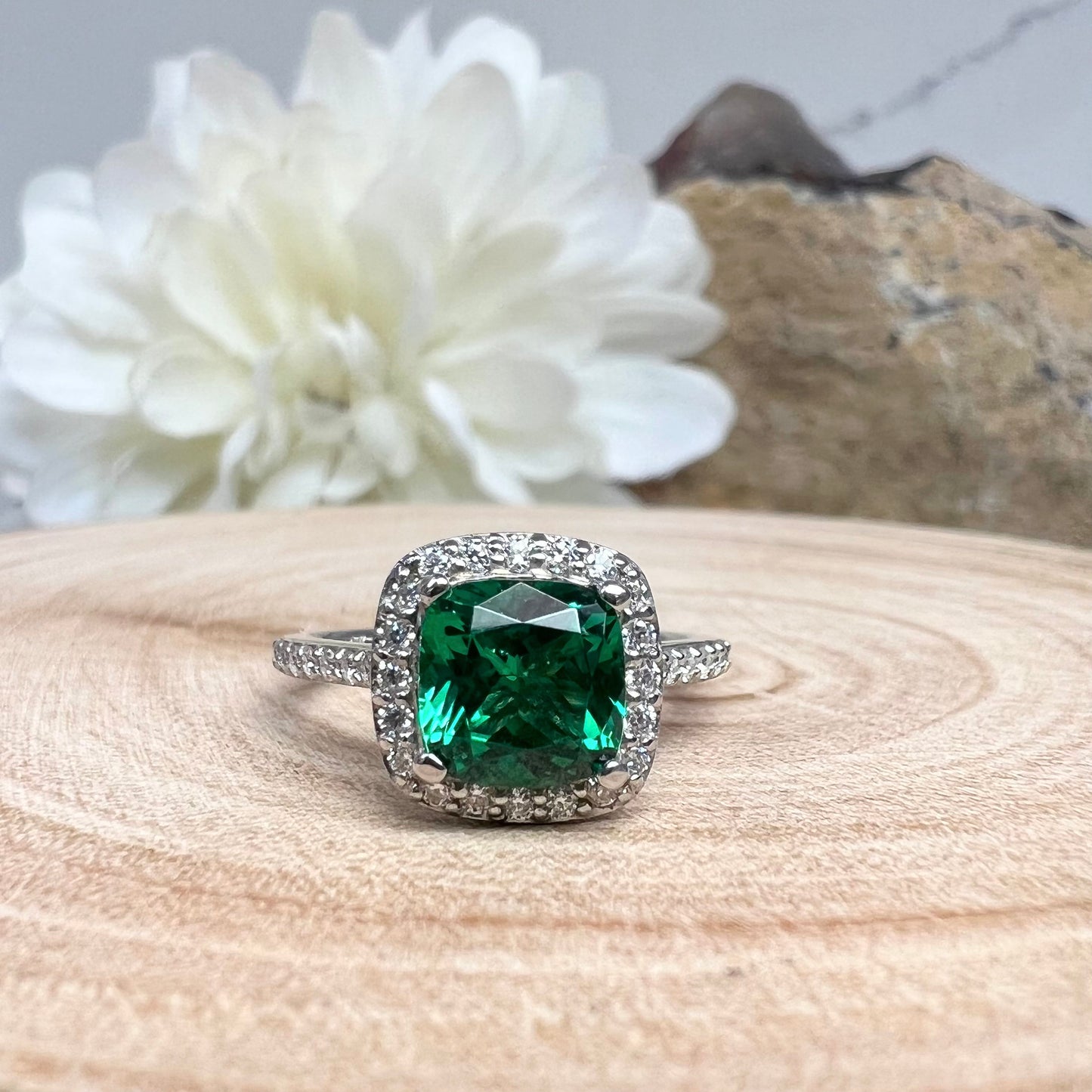 Emerald Green Ring Cushion Cut Emerald with Moissanite Halo Engagement Ring White Gold Simple Emerald Wedding Promise Anniversary Ring #6190