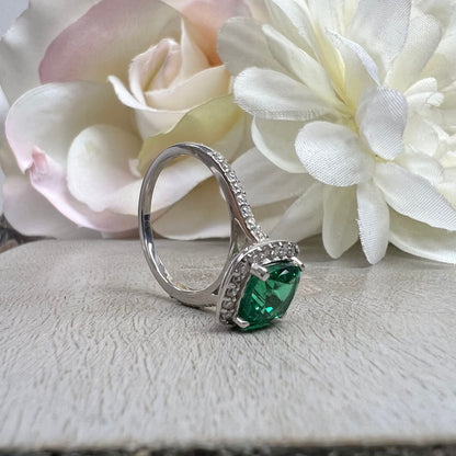 Emerald Green Ring Cushion Cut Emerald with Moissanite Halo Engagement Ring White Gold Simple Emerald Wedding Promise Anniversary Ring #6190