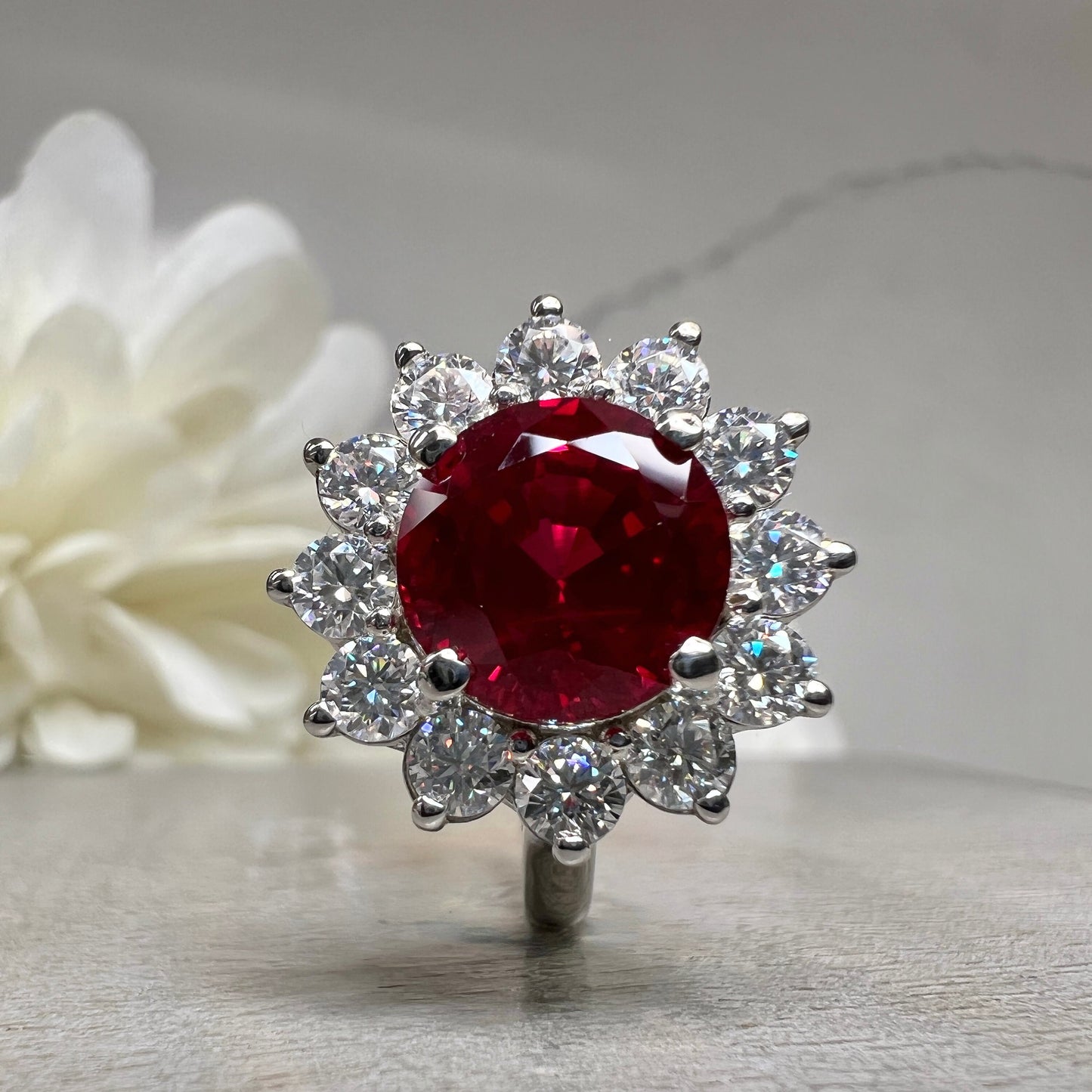 Ruby Halo Engagement Ring White Gold Round Ruby Moissanite Halo Engagement Rings Vintage Ruby Promise Anniversary Wedding Ladies Ring  #7348