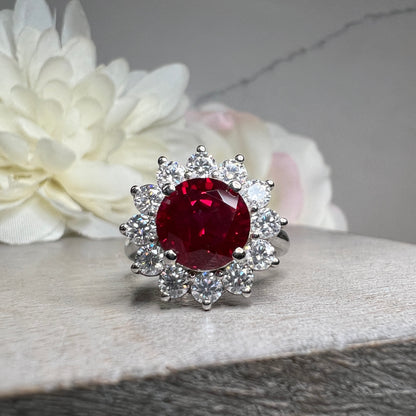 Ruby Halo Engagement Ring White Gold Round Ruby Moissanite Halo Engagement Rings Vintage Ruby Promise Anniversary Wedding Ladies Ring  #7348