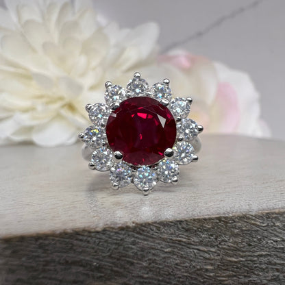 Ruby Halo Engagement Ring White Gold Round Ruby Moissanite Halo Engagement Rings Vintage Ruby Promise Anniversary Wedding Ladies Ring  #7348