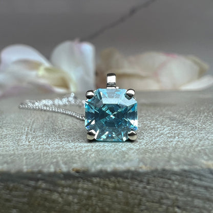 Asscher Cut Aquamarine Pendant Necklace White Gold Light Blue Aquamarine Necklace Ladies Layering Dainty Necklace Pendant Gift For Her