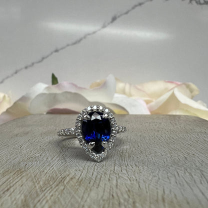 Pear Shaped Blue Sapphire Engagement Ring White Gold Unique Pear Blue Sapphire Ring Blue Sapphire Pear Solitaire Wedding Promise Ring  #7357