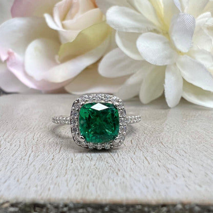 Emerald Green Ring Cushion Cut Emerald with Moissanite Halo Engagement Ring White Gold Simple Emerald Wedding Promise Anniversary Ring #6190