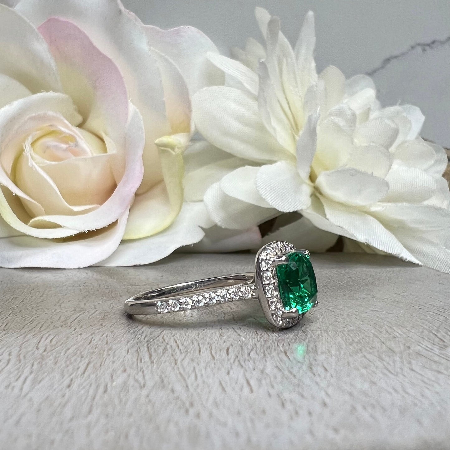 Emerald Green Ring Cushion Cut Emerald with Moissanite Halo Engagement Ring White Gold Simple Emerald Wedding Promise Anniversary Ring #6190