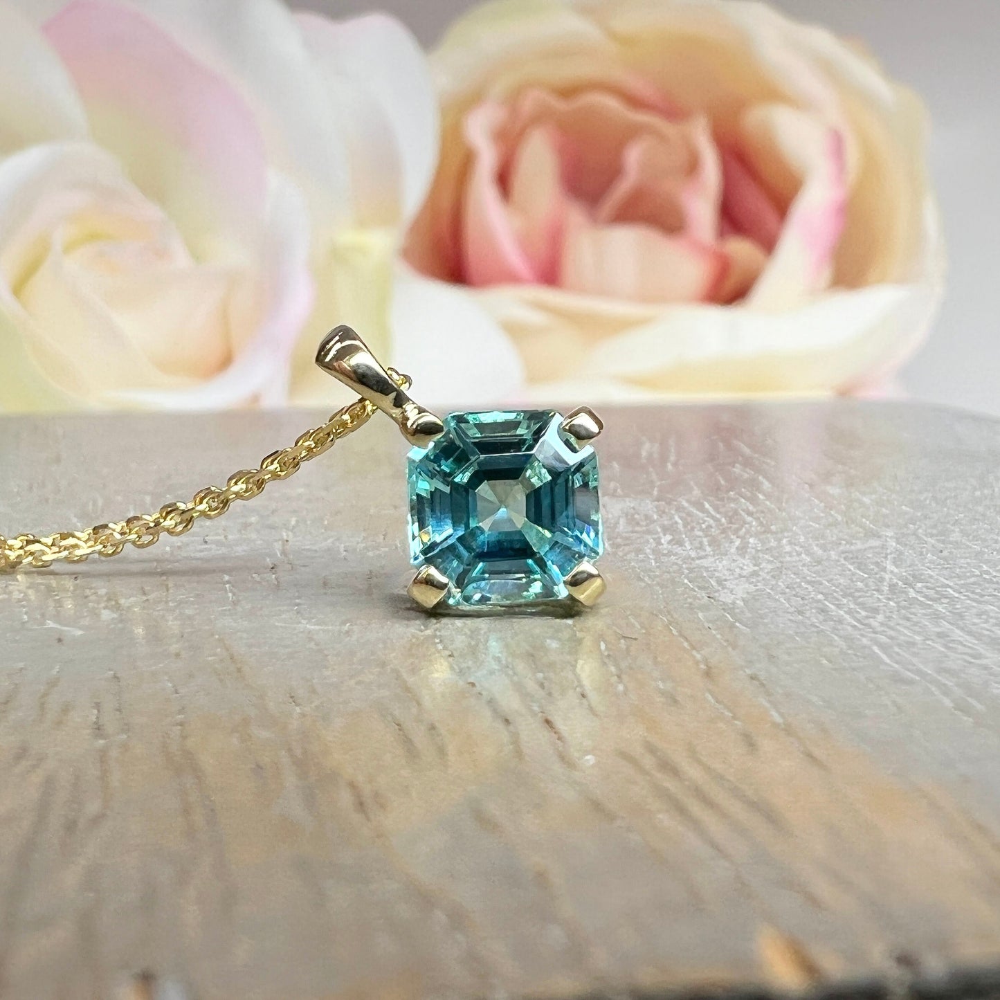 Asscher Cut Ladies Necklace / Neon Blue Paraiba Pendant With Chain / Floating Pendant 14k White Gold