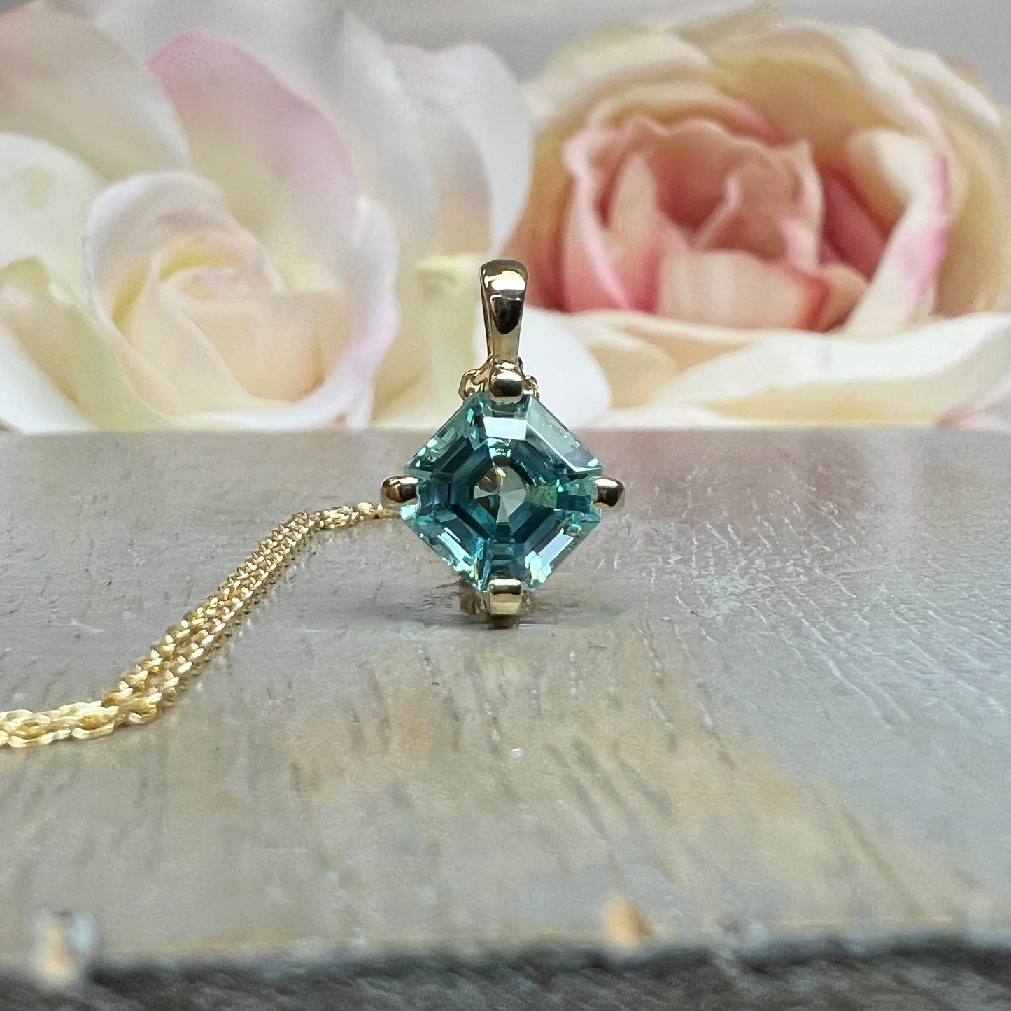 Asscher Cut Ladies Necklace / Neon Blue Paraiba Pendant With Chain / Floating Pendant 14k White Gold