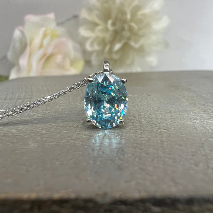 Aquamarine Oval Solitaire Necklace For Ladies, Simulated Diamond Dainty Necklace 14k White Gold, March Birthstone Oval Pendant For Her