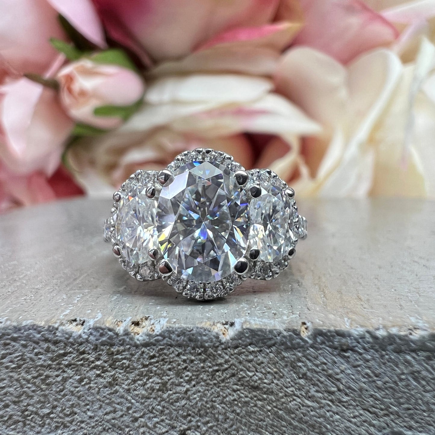 Oval Moissanite Engagement Ring White Gold Three Stone Oval Halo Moissanite Engagement Unique Vintage Wedding Promise Anniversary Ring #7372