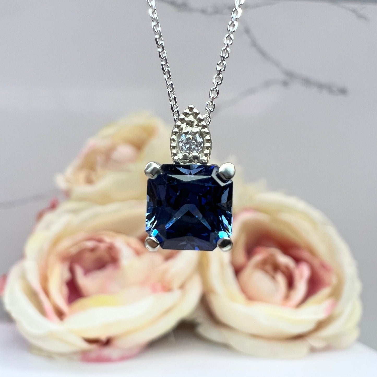 Blue Sapphire Necklace Pendant White Gold Radiant Cut Blue Sapphire Necklace Unique Vintage Blue Sapphire Necklace Pendant Gift For Her