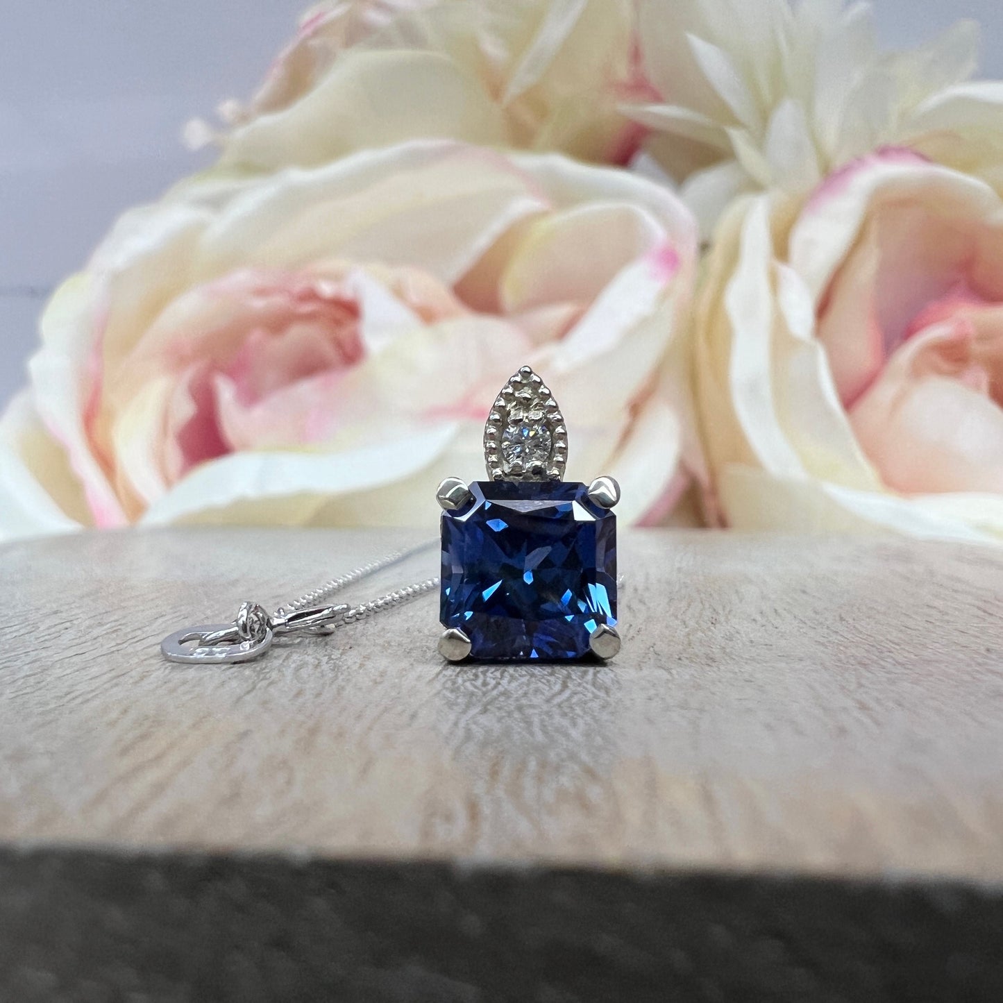 Blue Sapphire Necklace Pendant White Gold Radiant Cut Blue Sapphire Necklace Unique Vintage Blue Sapphire Necklace Pendant Gift For Her