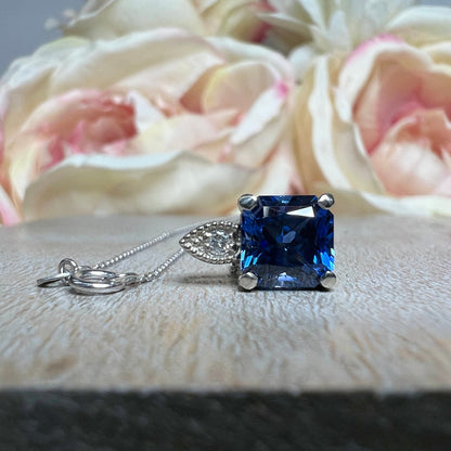 Blue Sapphire Necklace Pendant White Gold Radiant Cut Blue Sapphire Necklace Unique Vintage Blue Sapphire Necklace Pendant Gift For Her