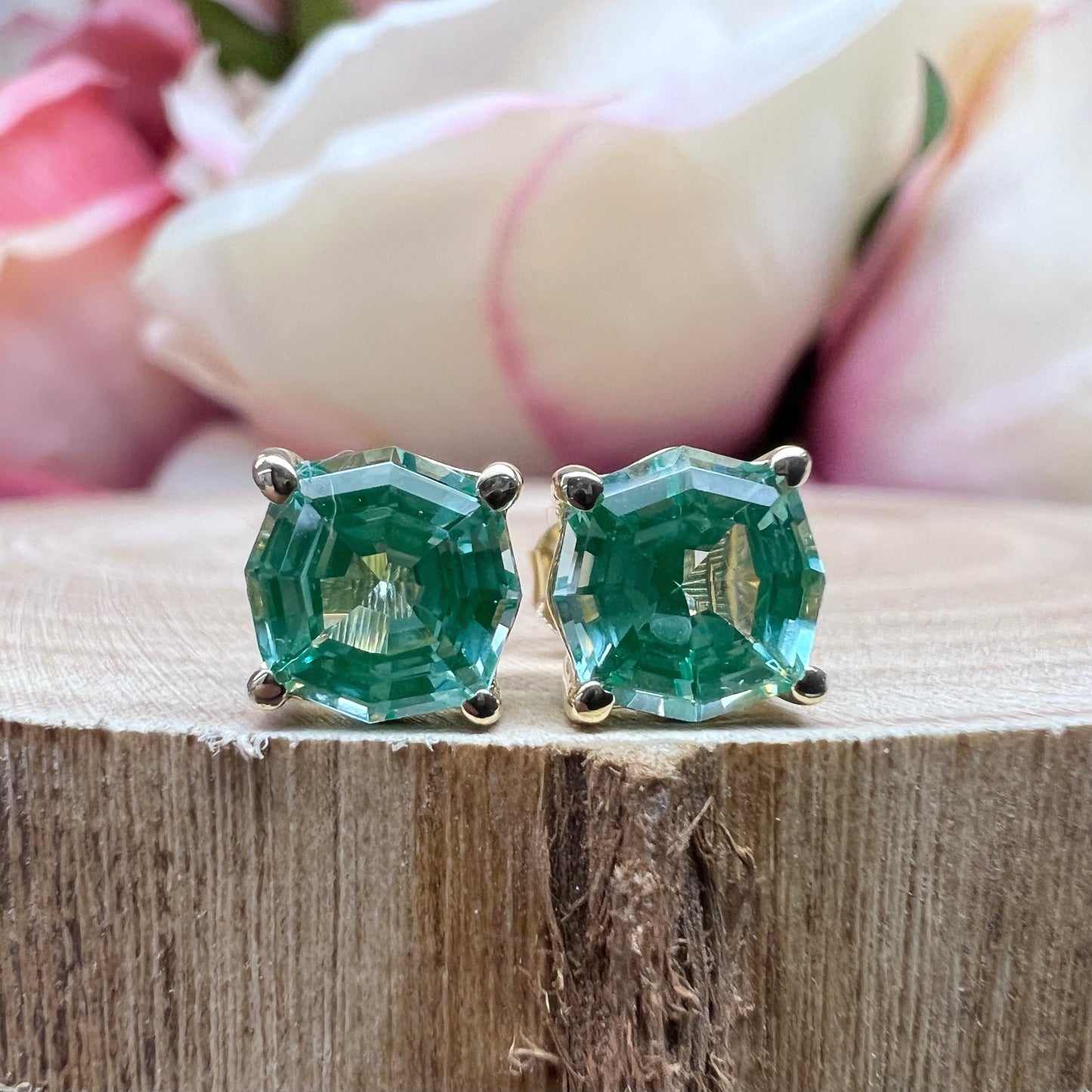 Green Paraiba Stud Earring, web cut Octagon Earring 14k Yellow Gold, Paraiba tourmaline minimalist earrings, everyday small earrings,  #6278