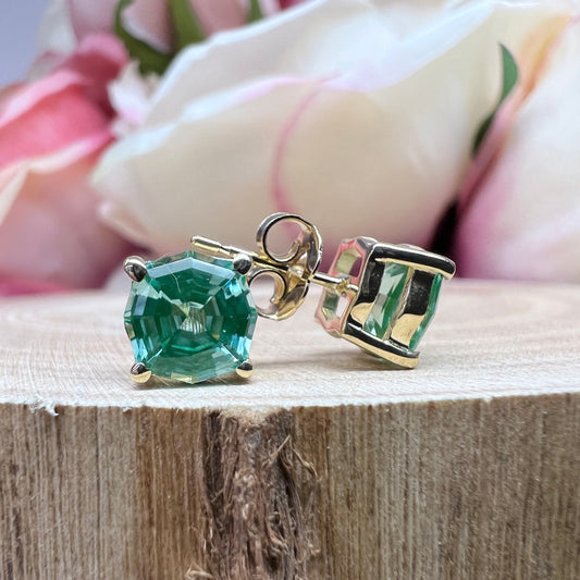 Green Paraiba Stud Earring, web cut Octagon Earring 14k Yellow Gold, Paraiba tourmaline minimalist earrings, everyday small earrings,  #6278