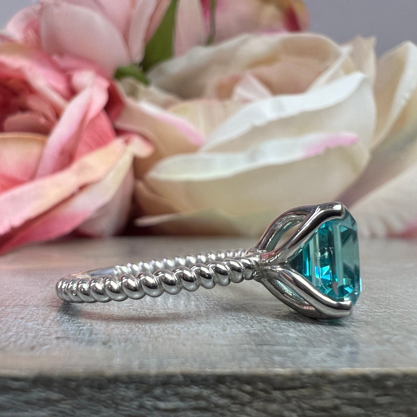 Neon Blue Asscher Cut Paraiba Tourmaline Engagement Ring White Gold Twist Band Solitaire Engagement Rings Unique Wedding Promise Ring  #6129