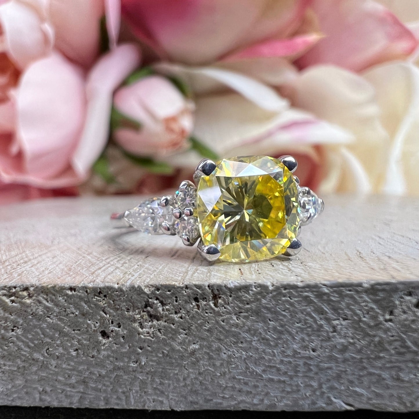 Cushion Cut Yellow Moissanite Engagement Ring White Gold Yellow Moissanite Engagement Rings Unique Moissanite Wedding Anniversary Ring #7379