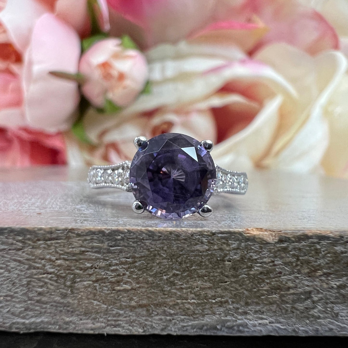 Alexandrite Round Engagement Ring, Alexandrite Ladies Ring With Moissanite Accents, 14K White Gold