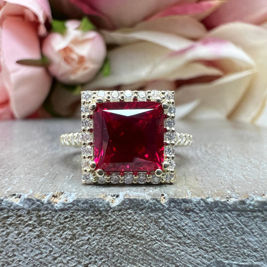 Vintage Ruby Princess Shaped  Engagement Ring Yellow Gold Unique Gold Ruby Ring With Moissanite Halo Anniversary Promise Wedding Ring  #7385