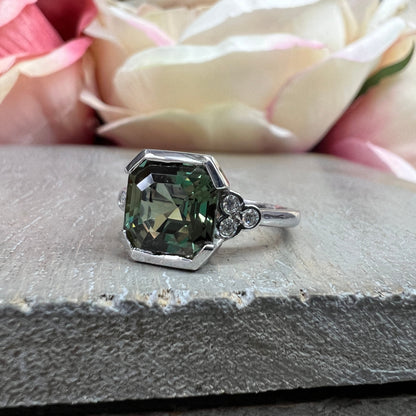 Olive Green Asscher Cut Sapphire Engagement Ring White Gold Green Sapphire Ring For Women Unique  Wedding Promise  Anniversary Rings   #7387