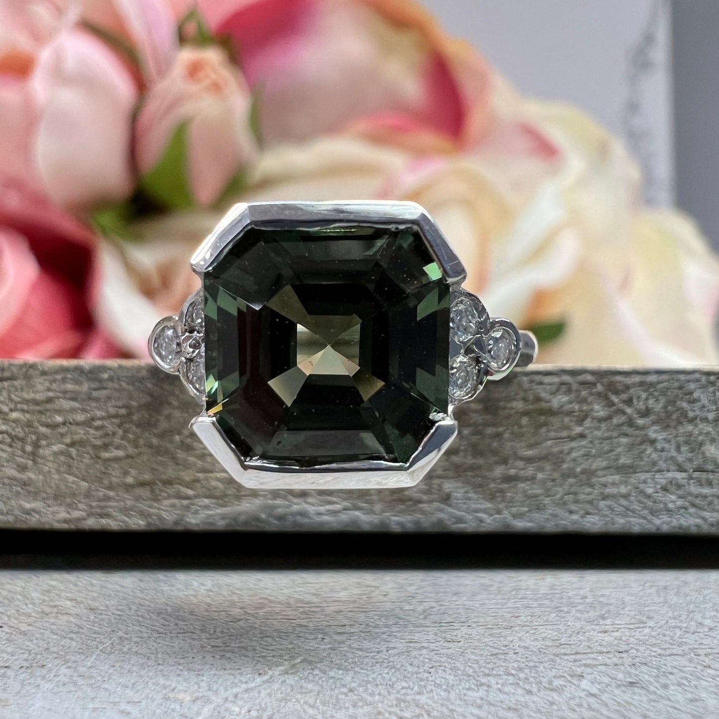 Olive Green Asscher Cut Sapphire Engagement Ring White Gold Green Sapphire Ring For Women Unique  Wedding Promise  Anniversary Rings   #7387