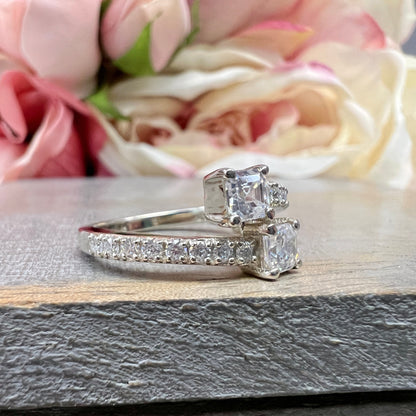 Asscher Cut Moissanite Bypass Ring White Gold Two Stone Engagement Ring Unique Wedding Promise Stacking Dainty Moissanite Ring Women