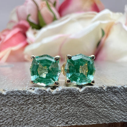 Green Paraiba Stud Earring, web cut Octagon Earring 14k Yellow Gold, Paraiba tourmaline minimalist earrings, everyday small earrings,  #6278