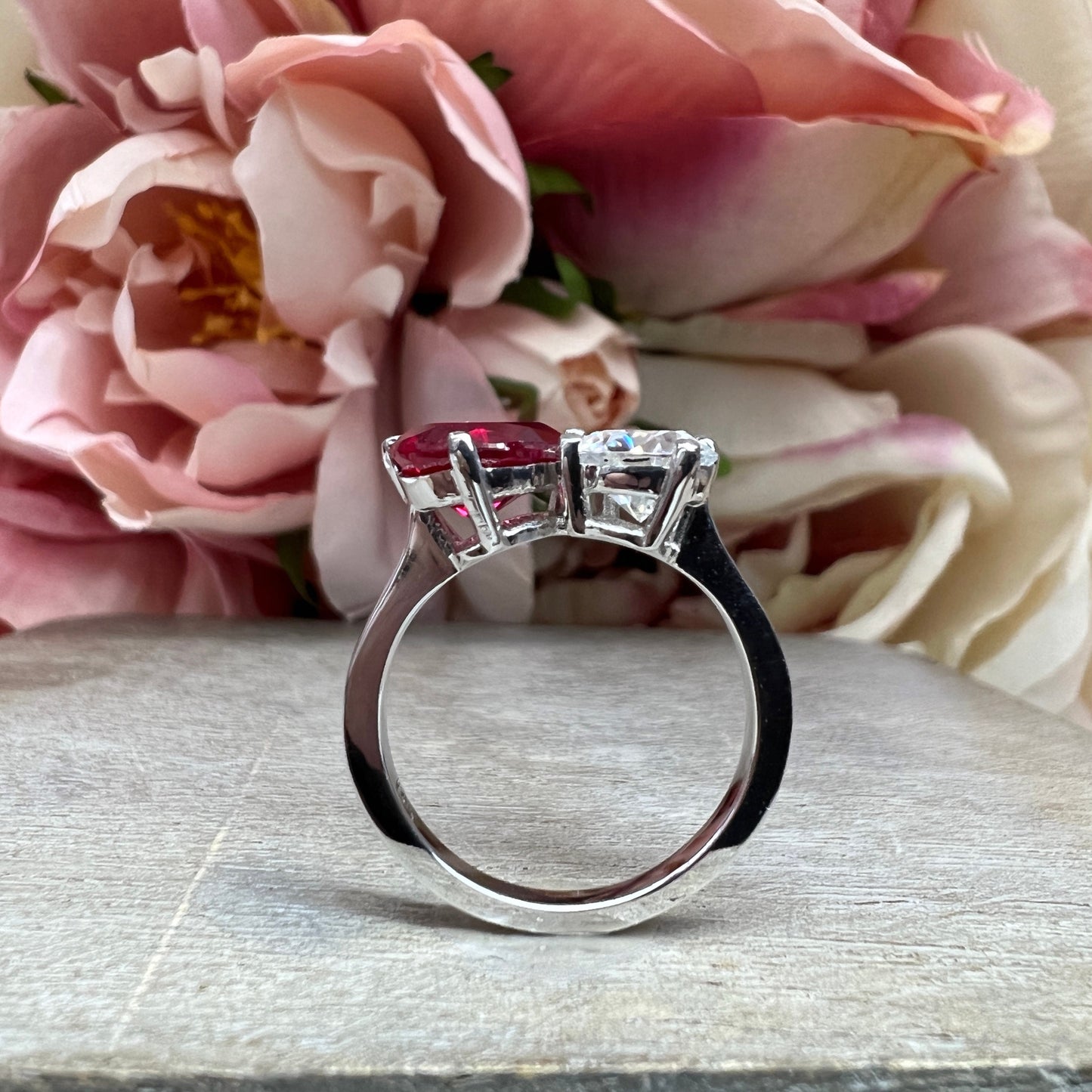 Toi Et Moi Ring Pear Ruby and Round Cut Moissanite Engagement Ring White Gold Two Stone Ring Unique Anniversary Wedding Promise Ring  #7390