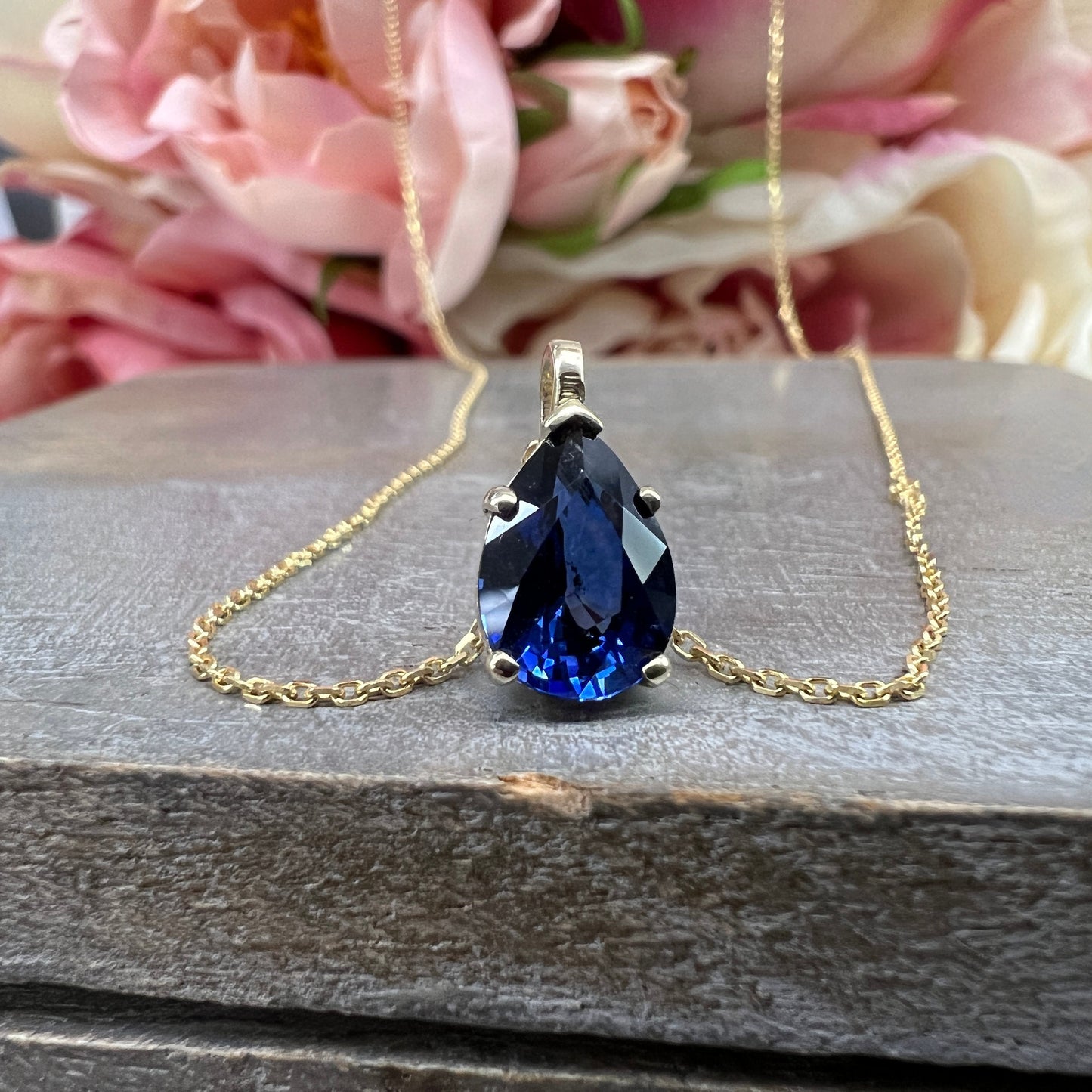 Blue Sapphire Necklace 14K White Gold, Pear Shape Blue Sapphire Pendant Necklace For Ladies, Layering September Birthstone Jewelry