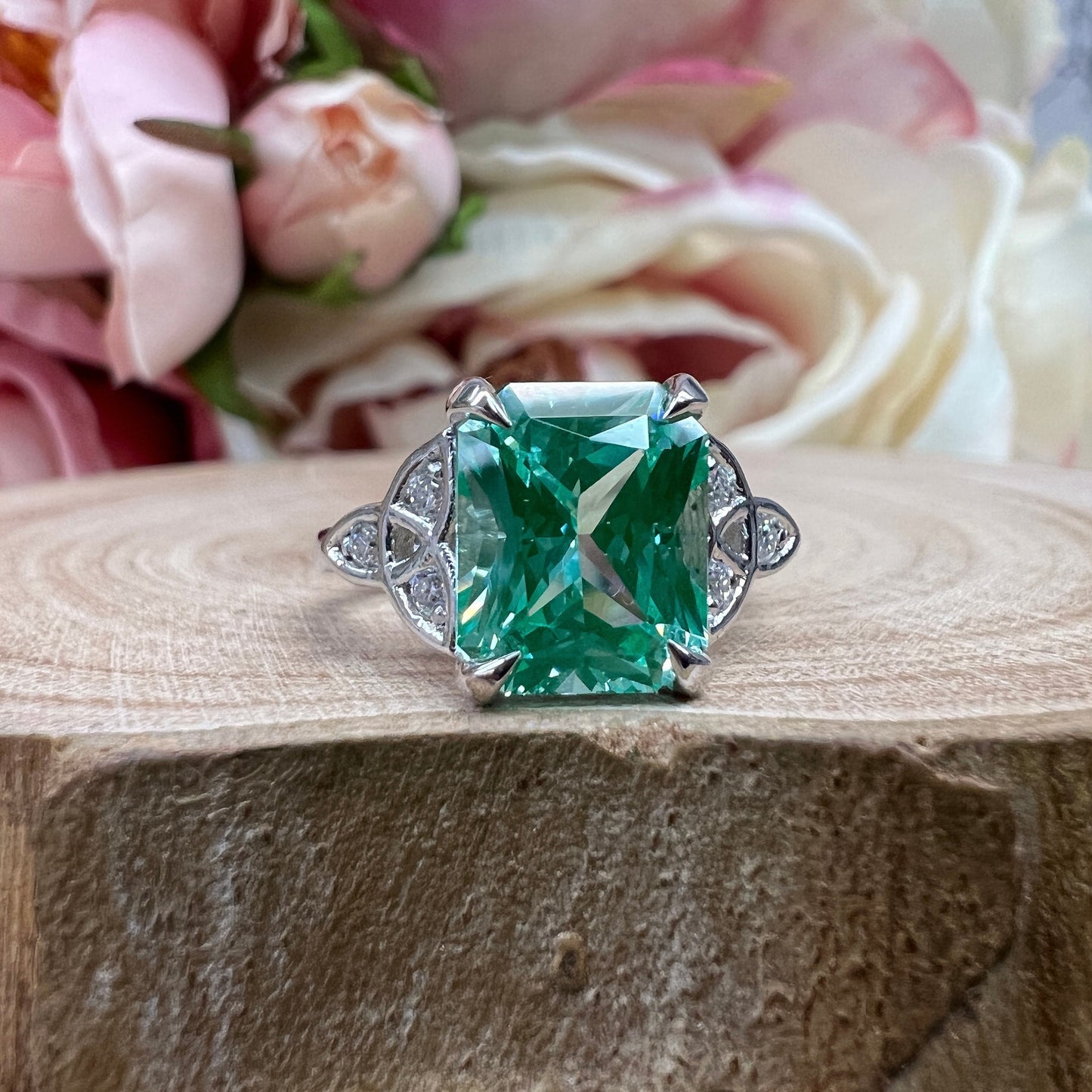 Radiant Cut Paraiba Tourmaline And Moissanite Engagement Ring 14K White Gold Celtic Engagement Ring Unique Vintage Wedding Anniversary  7393