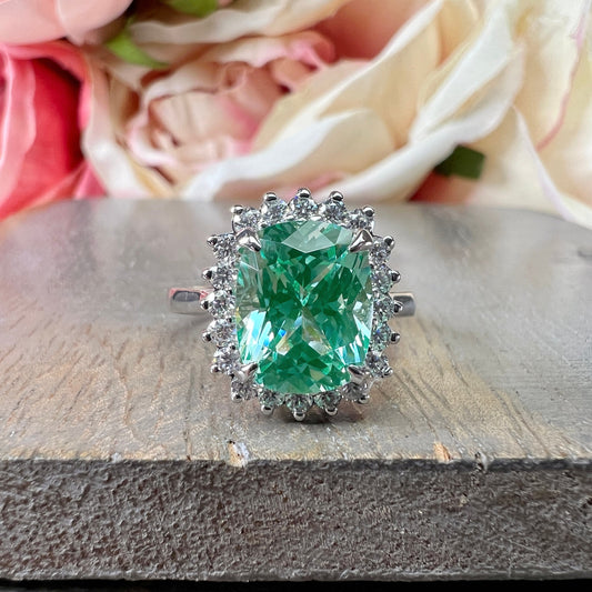 Green Paraiba Elongated Cushion Cut and Moissanite Halo Engagement Ring White Gold  Unique Vintage Anniversary Promise Wedding Rings   #7405