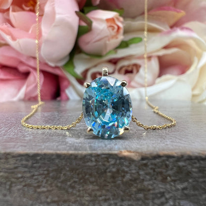 Aquamarine Oval Solitaire Necklace For Ladies, Simulated Diamond Dainty Necklace 14k White Gold, March Birthstone Oval Pendant For Her