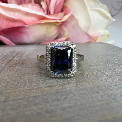 Blue Grey Moissanite Emerald Cut Halo White Gold Blue Gray Moissanite Engagement Ring Unique Blue Gray Anniversary Wedding Promise Ring