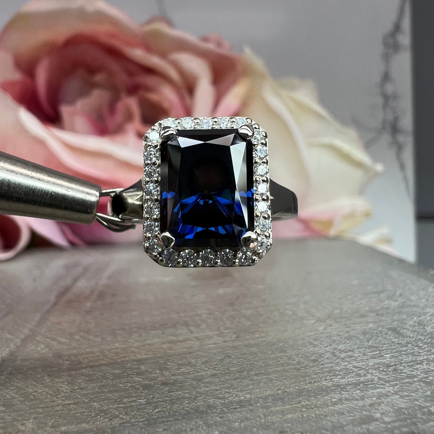 Blue Grey Moissanite Emerald Cut Halo White Gold Blue Gray Moissanite Engagement Ring Unique Blue Gray Anniversary Wedding Promise Ring