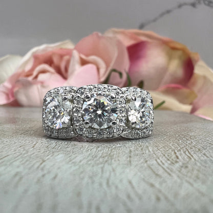 Three Stone Moissanite Halo Engagement Ring White Gold Unique Vintage Wedding Promise Bridal Anniversary Ring Round Moissanite 3 Stone #7354