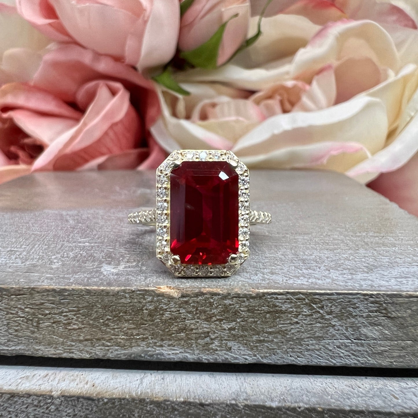 Vintage Ruby Elongated Emerald Engagement Ring Yellow Gold Unique Gold Ruby Ring With Moissanite Halo Anniversary Promise Wedding Ring #7386