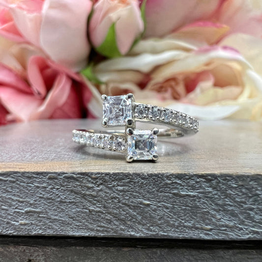 Asscher Cut Moissanite Bypass Ring White Gold Two Stone Engagement Ring Unique Wedding Promise Stacking Dainty Moissanite Ring Women