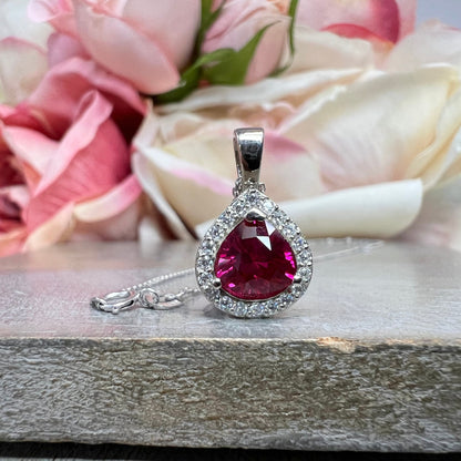 Trillion Ruby Pendant Necklace White Gold Ladies Ruby and Moissanite Halo Pendant Unique Wedding Anniversary Bridal Necklace For Women #7411