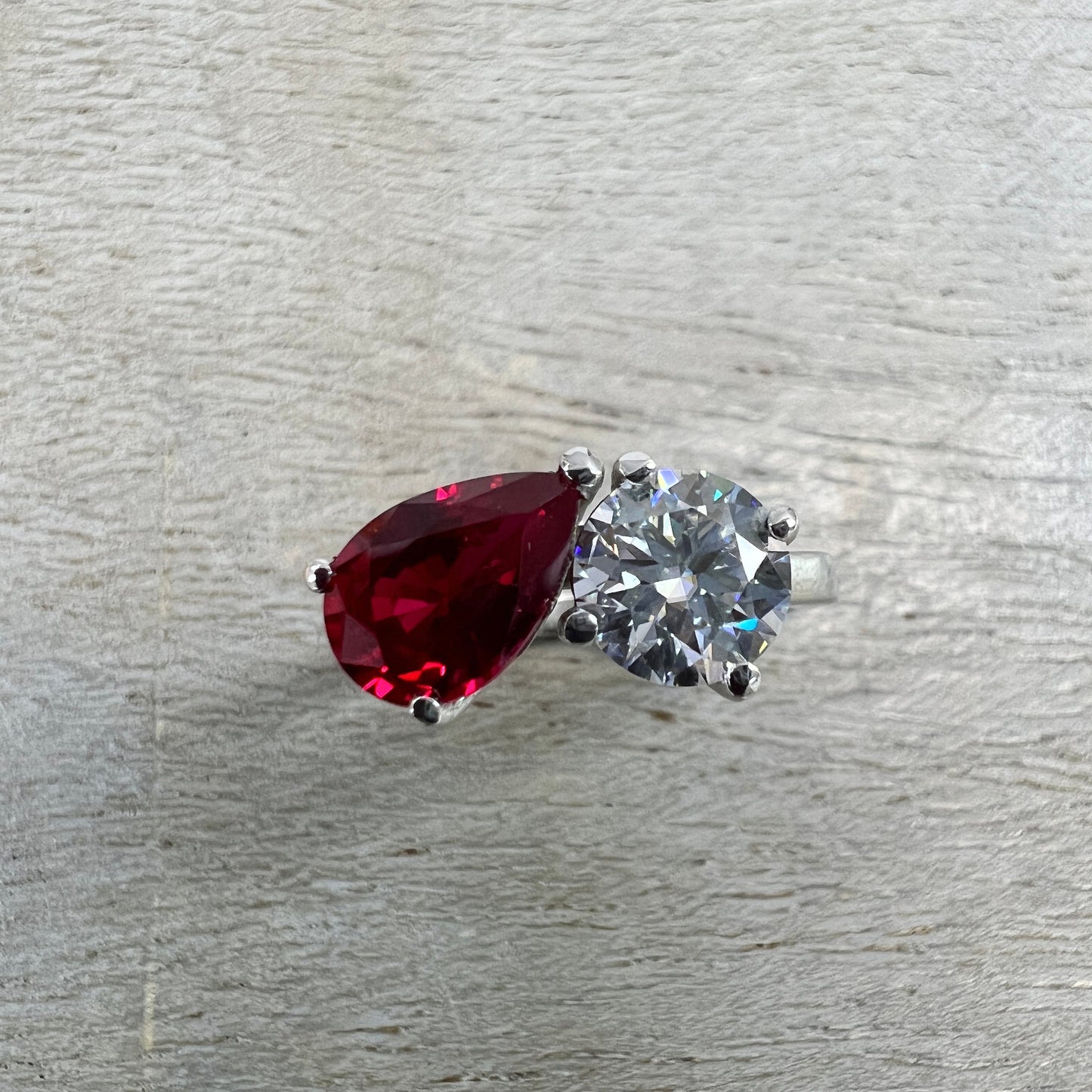 Toi Et Moi Ring Pear Ruby and Round Cut Moissanite Engagement Ring White Gold Two Stone Ring Unique Anniversary Wedding Promise Ring  #7390